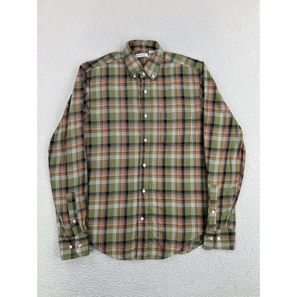Gustin Shirt Mens Large Green Plaid Button Down Long Sleeve Cotton Slim Fit USA